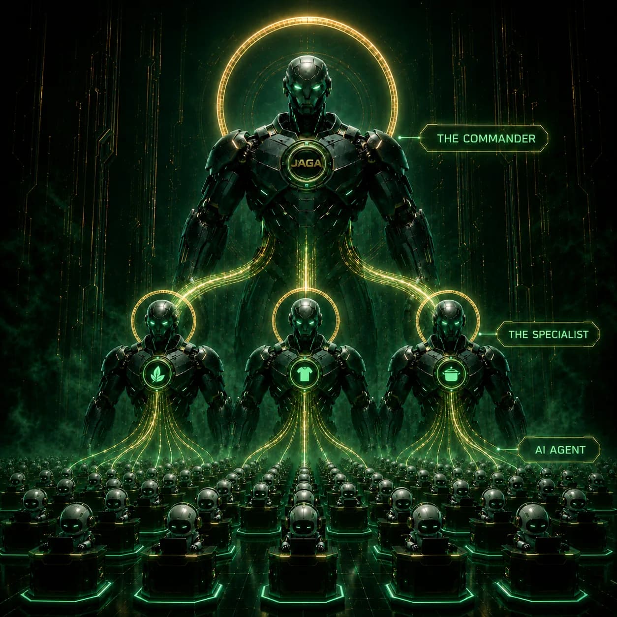 Diagram jasa CS AI JAGA AI tiga lapis: The Commander di puncak, The Specialist per niche di tengah, dan barisan AI Agent toko online di bawah