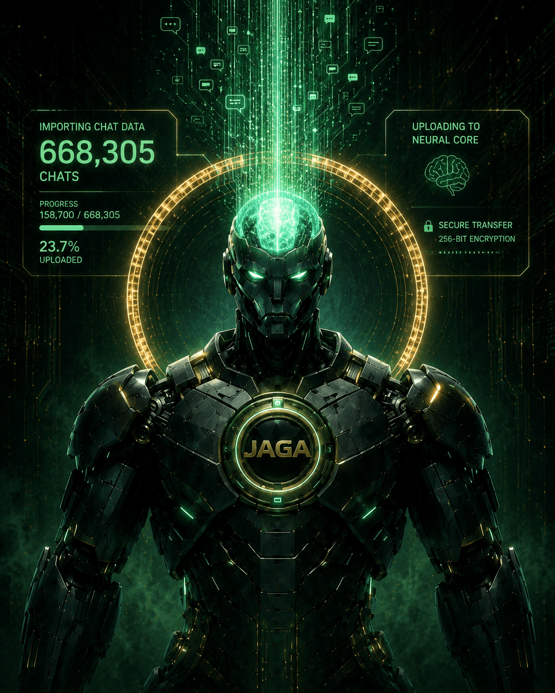 The Commander JAGA AI mengimpor ratusan ribu percakapan ke neural core, transfer terenkripsi 256-bit.