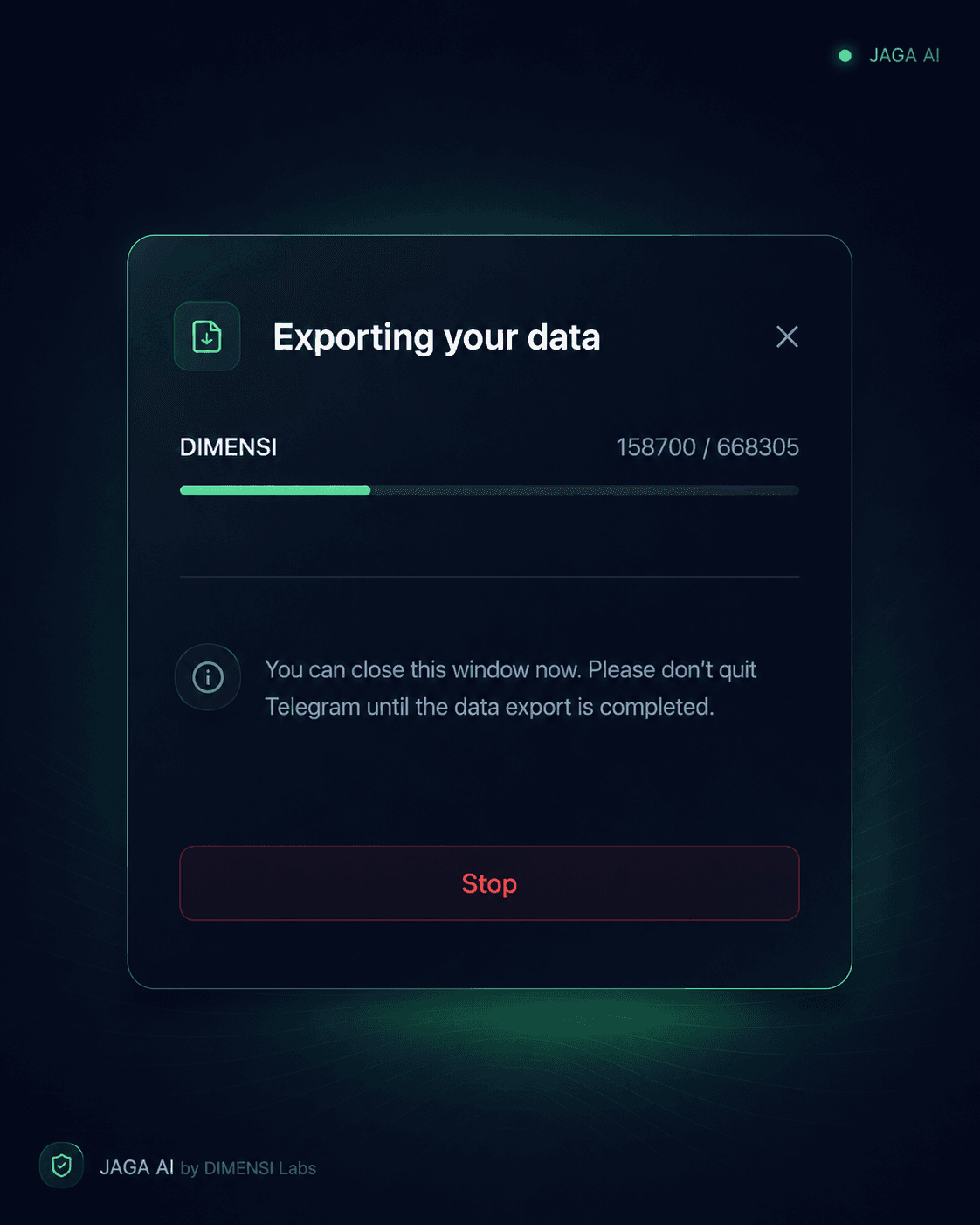 Layar ekspor data Telegram grup DIMENSI ke JAGA AI — 158.700 dari 668.305 chat terproses.